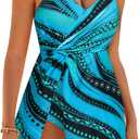GRACE KARIN Womens Swimdress Bathing Suits Tummy Control Swimsuits Bue Green Wavy Stripes M