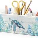 Sea Turtle Coastal Pen Holder for Home Office Desk, Beach Office Decor, Beach Turtle Makeup Brush Toothbrush Holder Organizer for Bathroom Desk Accessories