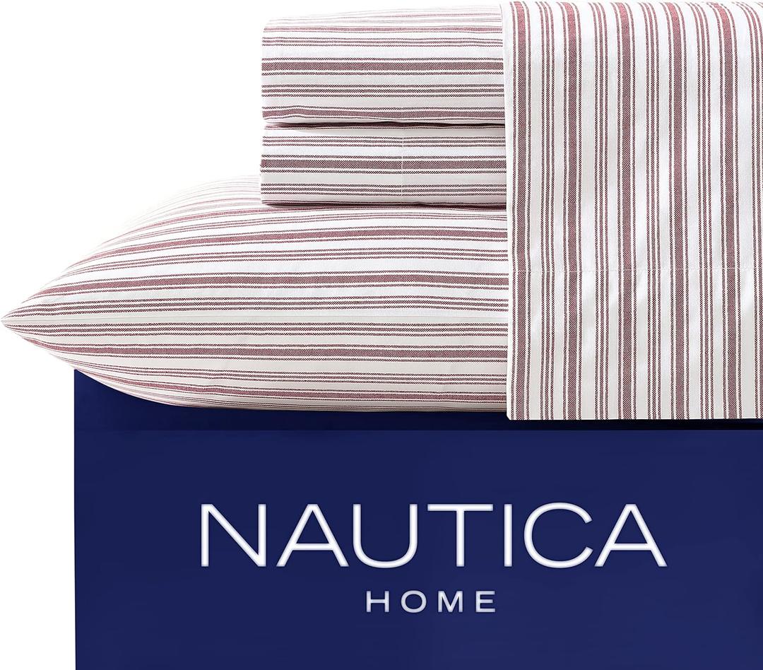 Nautica - Twin XL Size Sheet Set, Crisp & Tailored Cooling Sheets with a Smooth Cotton Percale Lightweight Feel - Bed Sheets with Matching Pillowcase & Fitted Sheet (Coleridge Stripe Red)