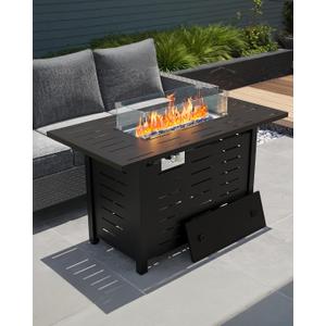 44" Outdoor Propane Fire Pit Table, 48,000 Btu Lp Gas Rectangular Fire Table with Ignition Systems and Lid,Outdoor Firetable with Glass Rocks for Patio Deck Garden Backyard