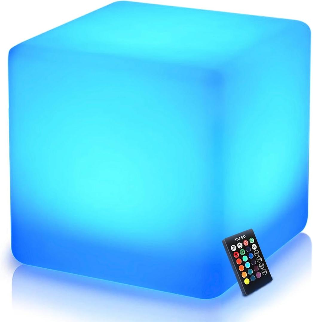 Mr.Go 16-Inch Rechargeable LED Cube Chair Light, 16 RGB Colors Glow Cube Seat w/ Remote, Waterproof LED Cube Table, Color Changing Cubes Floor Lamp, Home Bedroom Patio Party Decorative Lighting
