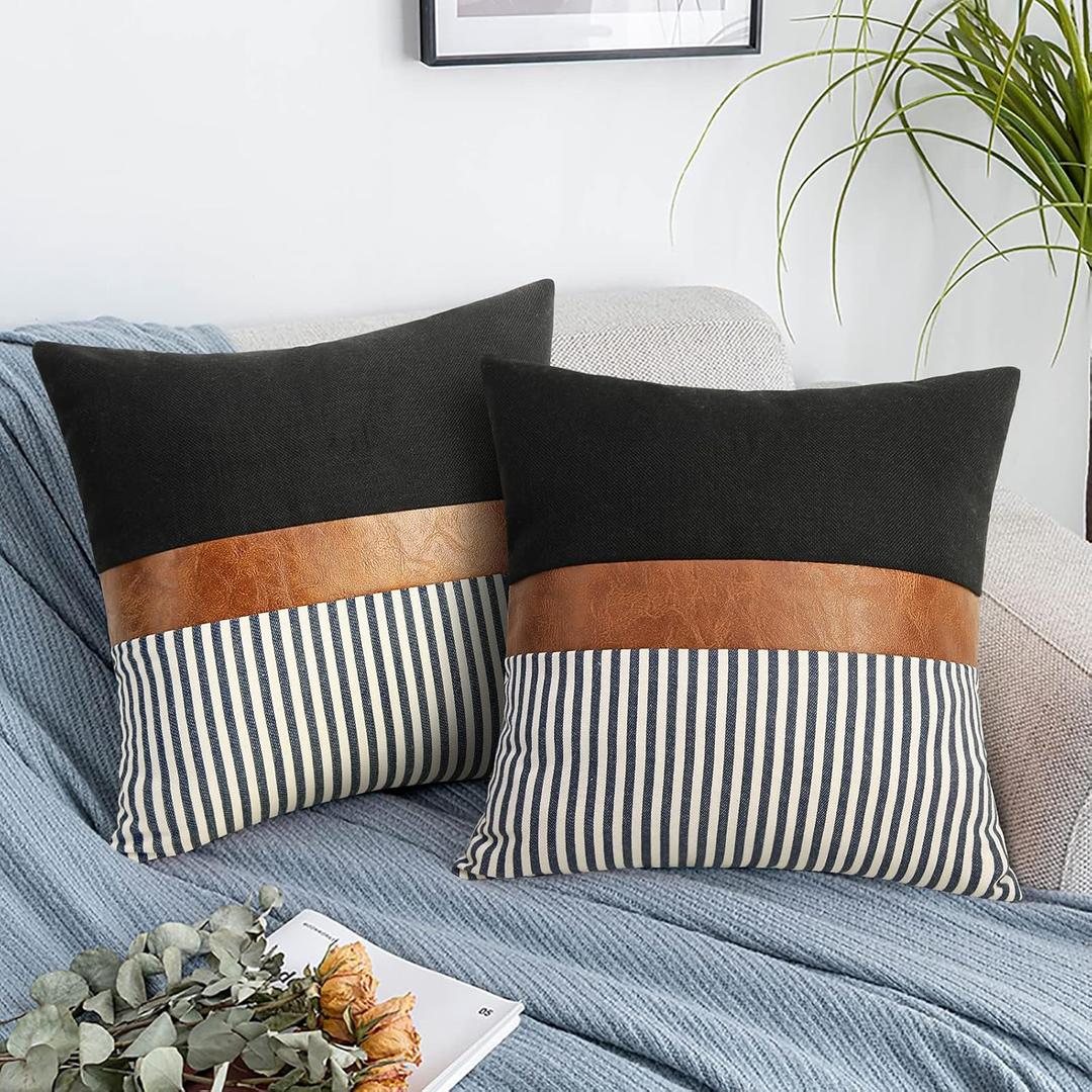 Set of 2 Farmhouse Decor Stripe Patchwork Black Linen Throw Pillow Covers, Modern Tan Faux Leather Accent Pillow Covers 18x18 inch,Navy Blue Stripe