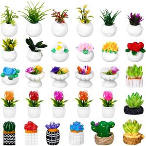 30 Pcs Miniature Potted Plants Dollhouse Accessories Mini Artificial Plant Flowers Tiny Greenery Cactus Figurines for Dollhouse Decoration Gift DIY Garden Bonsai Micro Landscape Decors