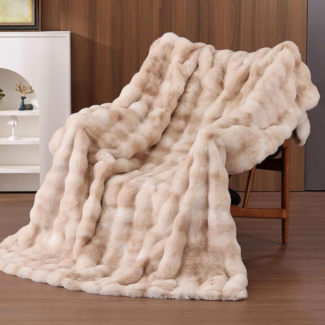 Tie-dye Khaki Fluffy Fuzzy Throw Blanket Faux Fur Bubble Furry Throw Blanket 50x60 for Sofa Couch Bedroom Soft Cozy Plush Thick Weighted