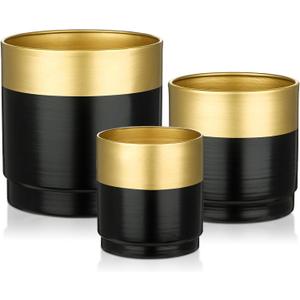Briful Gold and Black Metal Planters with Drainage Hole for Outdoor Planting, 3.94''/4.72''/5.9'' Indoor Decorative Metal Buckets Floral Arrangment, Home Farmhouse Tables Decor, Set of 3