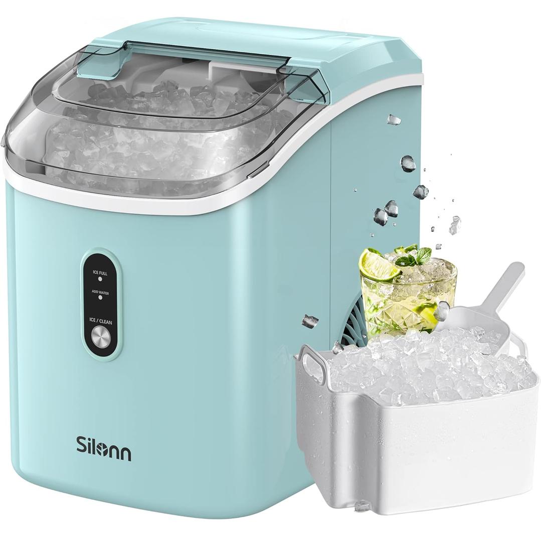 Nugget Ice Maker Countertop, Silonn Chewable Pellet Ice Machine with Self Cleaning Function, Pebble Portable Ice Maker with Ice Scoop for Home Kitchen Office, Green