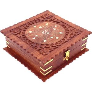 Wooden Spice Box 7x7 Inch Decorative Masala Dabba Organizer with Glass Lid, 4 Fixed Compartments, Spice Storage Container, Ideal for Seasonings and Herbs