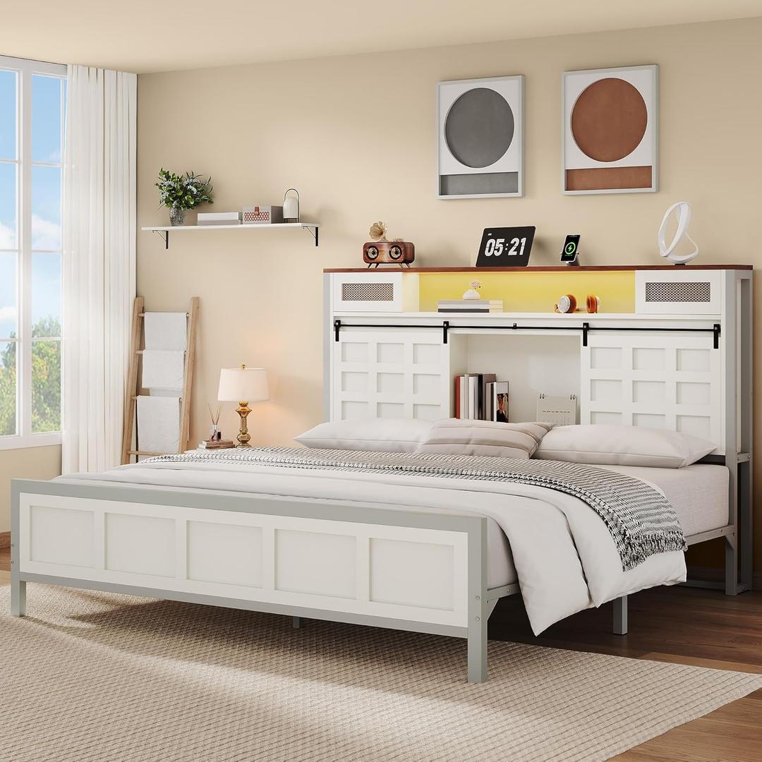 YITAHOME King Size Bed Frame Farmhouse with 49.14" Tall Storage Headboard, Charging Station & Led Light, Sliding Barn Door, Wooden Platform Bed Frame, Metal Slats Support, No Box Spring Needed, White