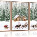 CHDITB Santa Claus Reindeer Sleigh Framed Canvas Wall Art(12"x16"), 3 Panels Christmas Winter Holiday Artwork Prints, Large Rustic Xmas Gift Snow Scene Forest Landscape Decor for Home Office Bedroom