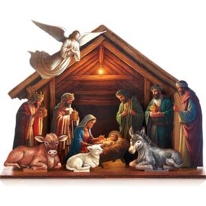 Thyle Wooden Nativity Figurine Set Christmas Birth of Jesus Story Nativity Scene Statue Table Sign Xmas Santa Religious Christian Easter Baptism First Communion Church Gift Indoor Home Decor
