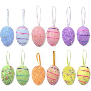 2 x Colorful Easter Eggs, Foam Ornaments with Hanging Ribbon, Spring Home Decor, 12 Count