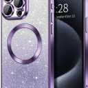 Hython for iPhone 15 Pro Max Case Clear Magnetic Glitter Phone Cases [Compatible with MagSafe] Full Camera Lens Protector Slim Gradient Sparkle Luxury Plating Shockproof Protective Cover Women, Purple
