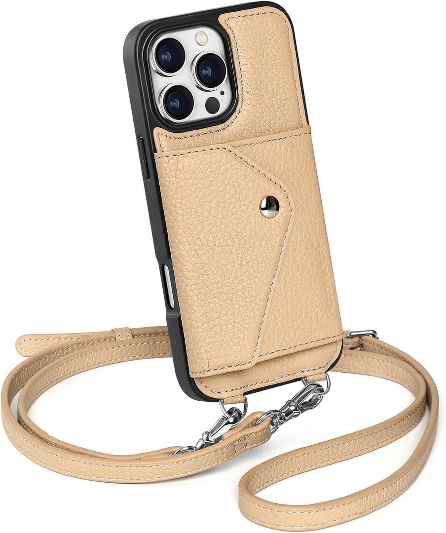 LUCKYCOIN for iPhone 16 Pro Max Case for Women,Crossbody Wallet Phone Case with Expandable Flip Card Holder,Genuine Leather Phone Purse with Strap,Compatible with iPhone 16 Pro Max 6.9" 2024 Beige