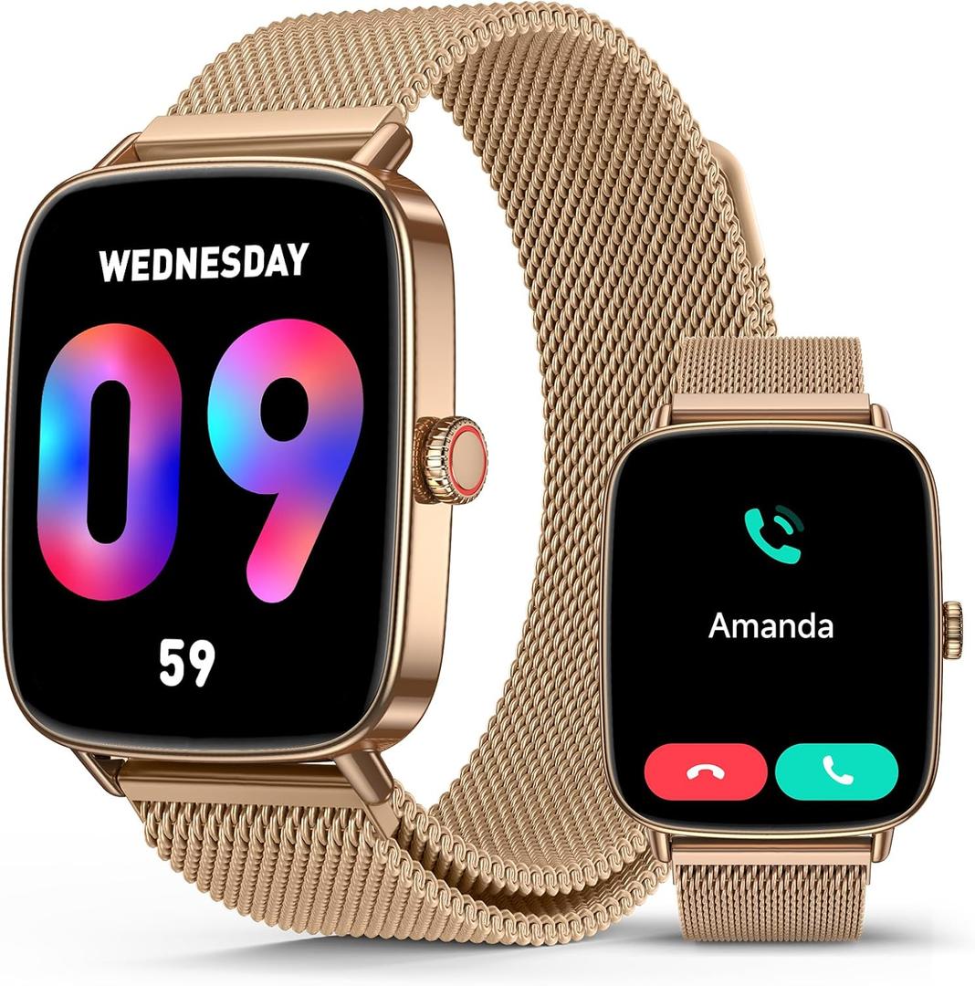 SOUYIE Smart Watch for Women Men, 1.85" AI Voice Smartwatch, 24/7 Heart Rate Monitor, Stress/SpO2/Sleep Tracker, IP68 Waterproof, Weather, 100+ Sports Fitness Tracker for Android iOS Glod Metal