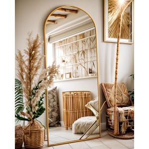 Full Length Mirror, 58"x19" Floor Mirror, Arch Floor Standing Mirror Freestanding Arch Full Body with Stand for Bedroom, Hanging Mounted for Living Room Cloakroom, Gold
