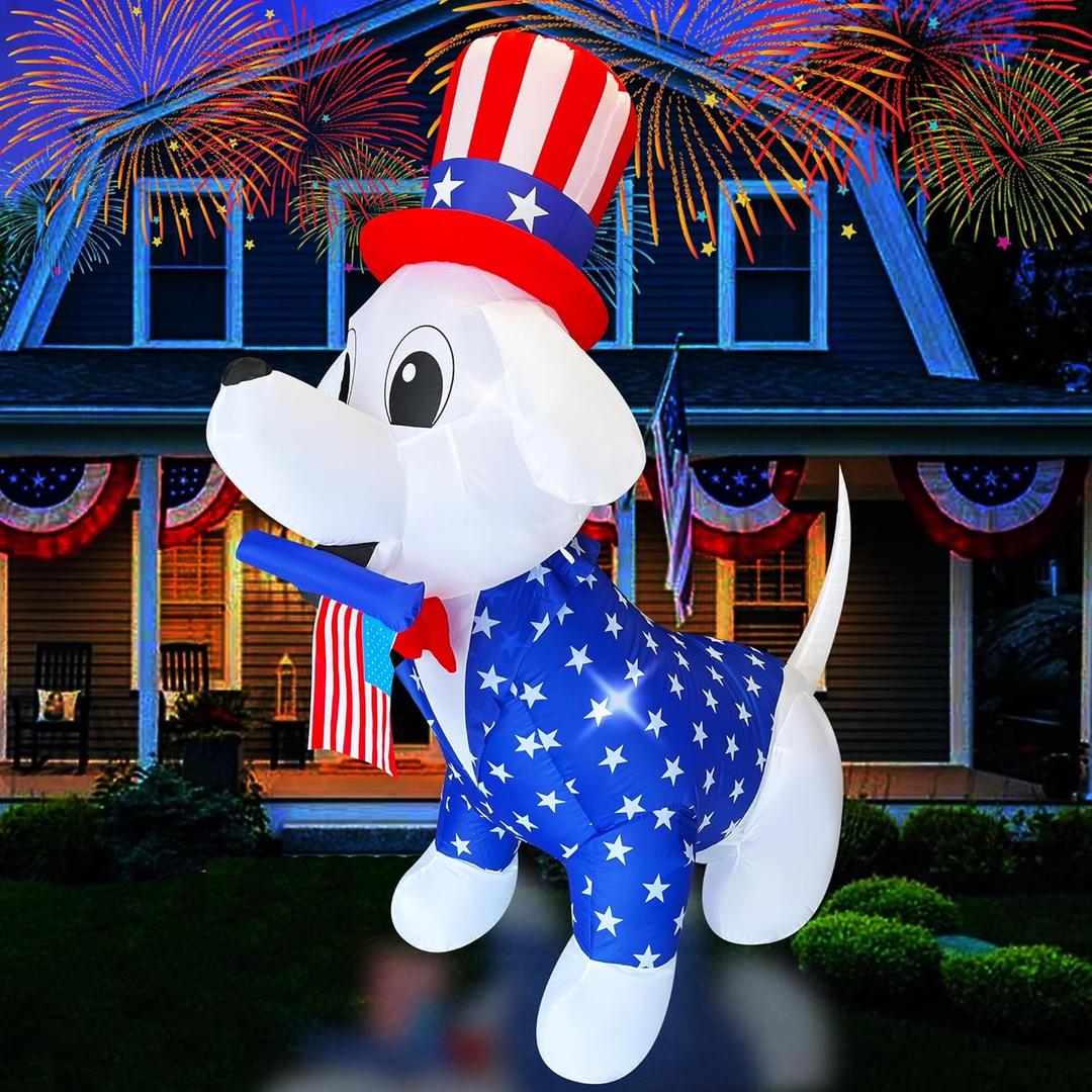 4th of July Inflatables 5FT Dog with Amaerican Flag Patriotic Independence Day Blow Up Puppy Inflatable Yard Decorations with Built-in LEDs for Holiday Party Indoor Outdoor Yard Garden Lawn
