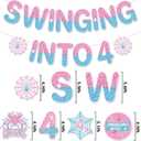 Spider 4th Birthday Decorations Banner - Pre-strung Swinging into 4 Garland with Spider Web and Stars, Pink Blue Ready-to-Hang Party Supplies for Kids Girls 4 Year Old Birthday