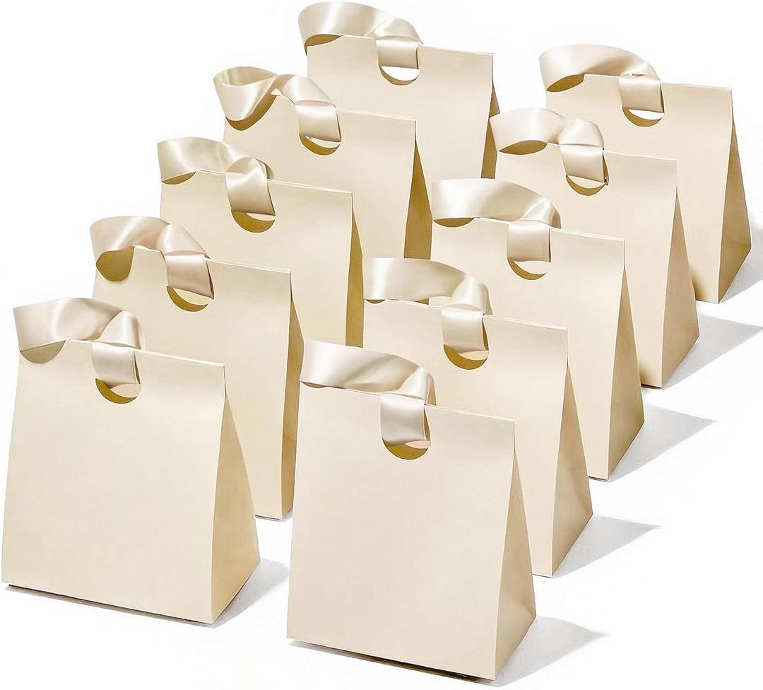 Vitalizart Paper Gift Bags With Ribbon Handles Set of 10 Cream White Bulk Reusable For Gift Wrap Girls Kids Birthday Bridal Shower Party Favors Goodie Bags Candy Christmas 5.91"x3.54"x7.28" Small Size