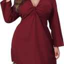 VillbeCoser Womens Plus Size Dress Long Sleeve V Neck A Line Mini Short Cocktail Summer Casual Dress (3X, Burgundy)