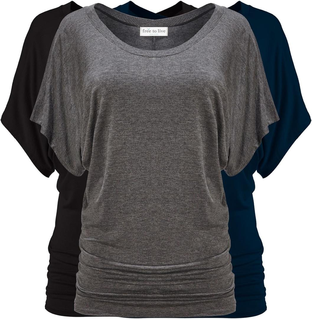 Free to Live 3 Pack Dolman Sleeve Tunic Dressy Business Casual Tops for Women Short Sleeve Shirts Work Outfits Travel Clothes, Large, Black, Charcoal, Navy (Black Missing)