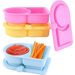 3 Pack Silicone Snack Containers with Lids, Reusable 2 Compartment Snack Containers, for Seasonings, Sauces and Fruits, Portable Mini Food Snack Box For Travel, Picnic, Office