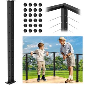 42" Cable Railing Corner Post, 90° L-Drilled Railing Post with Flat Rubber Grommets, Stainless Steel T304 Matte Black Handrail Post, Heavy-Duty Flat Top Corner Post for Deck Railing System