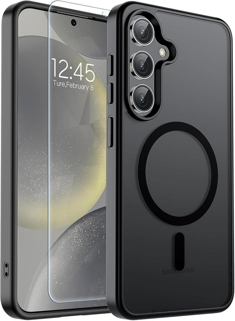 SUPFINE Magnetic for Samsung Galaxy S24 Plus Case / S25 Plus Case with Screen Protector, (Built-in Magnets) (Military Grade Drop Protection) Slim Translucent Shockproof Phone Case,Black