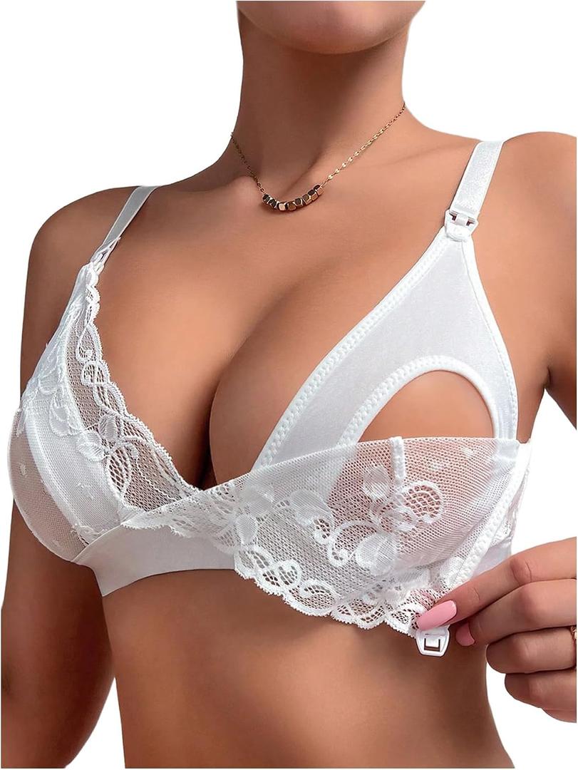 MakeMeChic Women's Maternity Bras Lace Sheer Wireless Unlined Nursing Bralette Pregnancy Bras White X-Large
