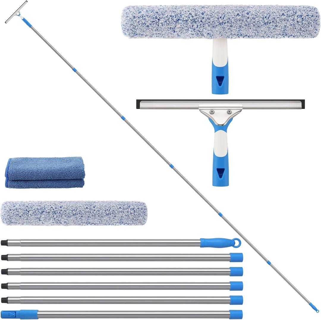 20 Feet High Reach Window Cleaning Kit with Extension Poles, Window Cleaner Tool with 14 Silicone Squeegee, Microfiber Scrubber & Cloth, Window Washing Equipment for Outdoor High Windows
