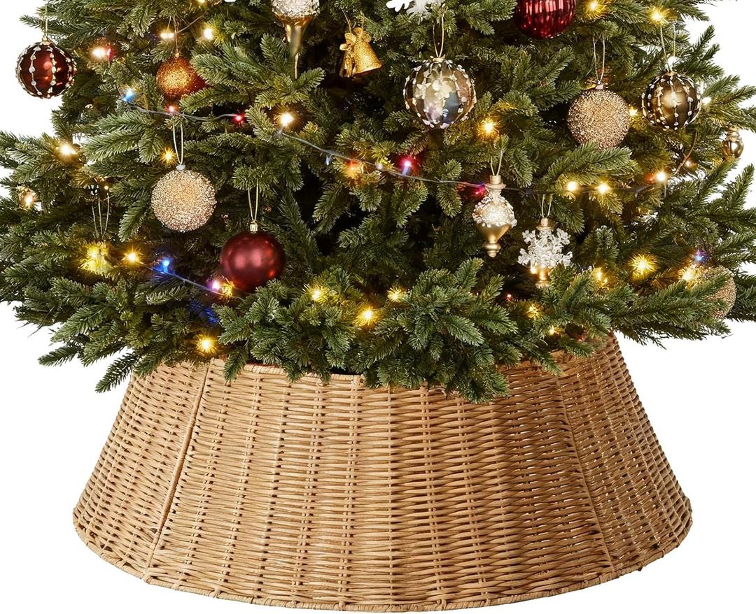 Sweetcrispy 27in Christmas Tree Collar, Wicker Skirt for 7.5ft Artificial Trees, 4-Piece Wicker Base Cover, Natural