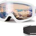 Karsaer Ski Goggles Anti-Fog Snow Goggles OTG 100% UV Protection Snowboard Goggles Bendable Dual-Lenses for Men Women Youth (Matte White Frame Orange Lens Vlt 60%)