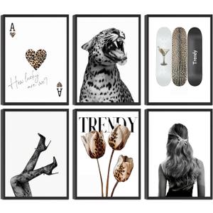 6Pcs Trendy Leopard Wall Art Funky Preppy Cheetah Paintings Pictures Wall Decor Stockholm Preppy Leopard Posters Print Artwork for Girls Bedroom Apartment Dorm Home Decoration Unframed