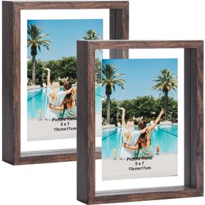 Trwcrt 5x7 Picture Frame 2 Pack, Double Glass Floating Frames Display up to 7 x 9 Photos for Desktop or Wall Hanging, Brown
