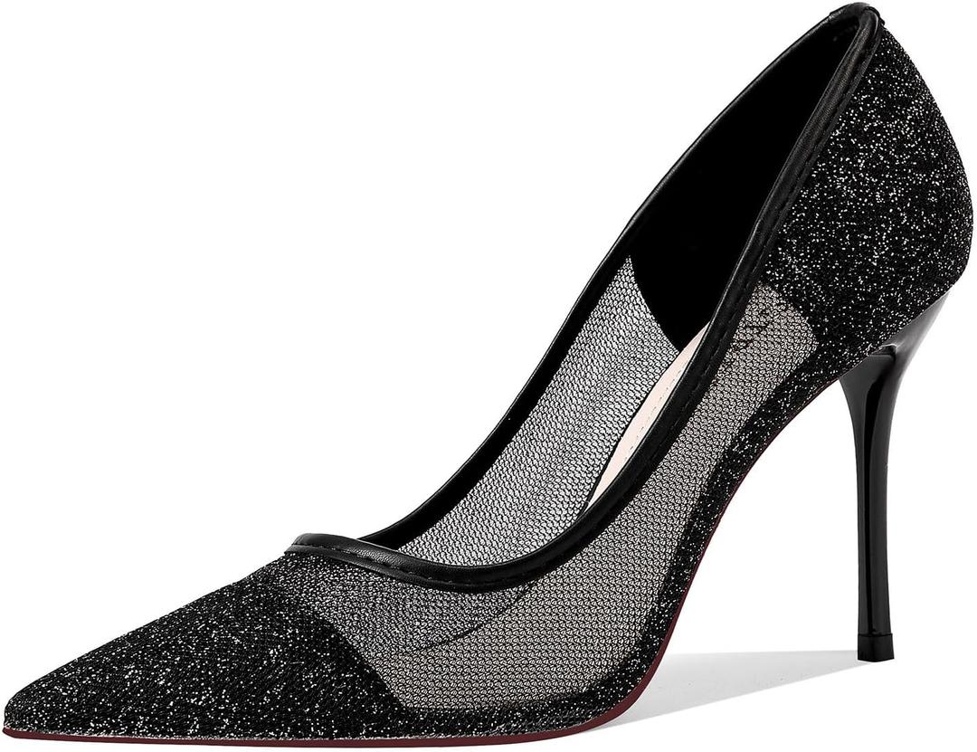 GOSERCE Rhinestone Heels Dressy Women's Stiletto Pointed Toe Pumps Mesh High Heel Pumps Fashion Prom Wedding Evening Party Shoes (Black)