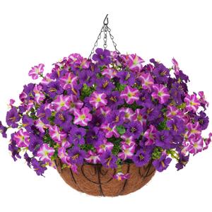 INSPRING Artificial Outdoor Flowers Hanging Baskets Faux Plants Summer Decoration, UV Resistant Fake Silk Morning Glory in Planter Look Real Petunias for Outside Patio Porch Balcony Garden Home, 2Mix