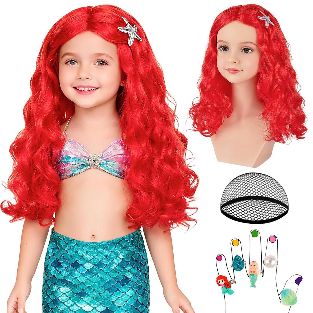 MEEZY Mermaid Red Wigs for Women, Long Wavy Curly Wig Cospaly Mermaid Hair Red Funny Hair with Accessories for Dress Up Christmas Halloween Costume Birthday Party Daily Use