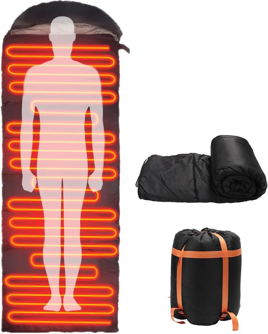 Heated Sleeping Bag for Adults, Electric Warm Bag with 3 Adjustable Heating Levels, USB Powered Heating Pads Adjustable Hood, 0 Degree Sleeping Bag Keep Warm for Cold Weather Camping Outdoor Hiking (Black)