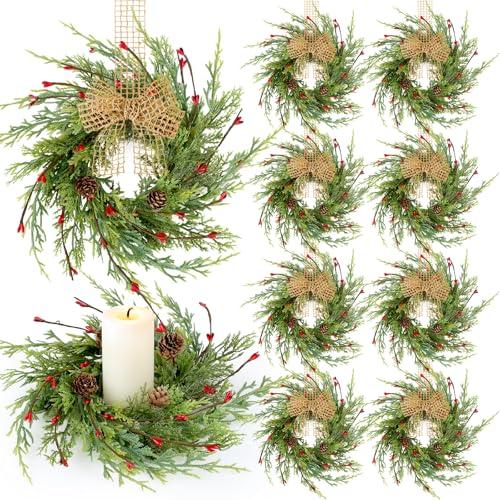 8 Pcs 9 Inch Christmas Wreaths for Kitchen Cabinet Artificial Cedar Pine Hanging Wreath with Red Berries Pine Needles for Front Door Xmas Swag Wreaths for Christmas Winter Farmhouse Home Decorations