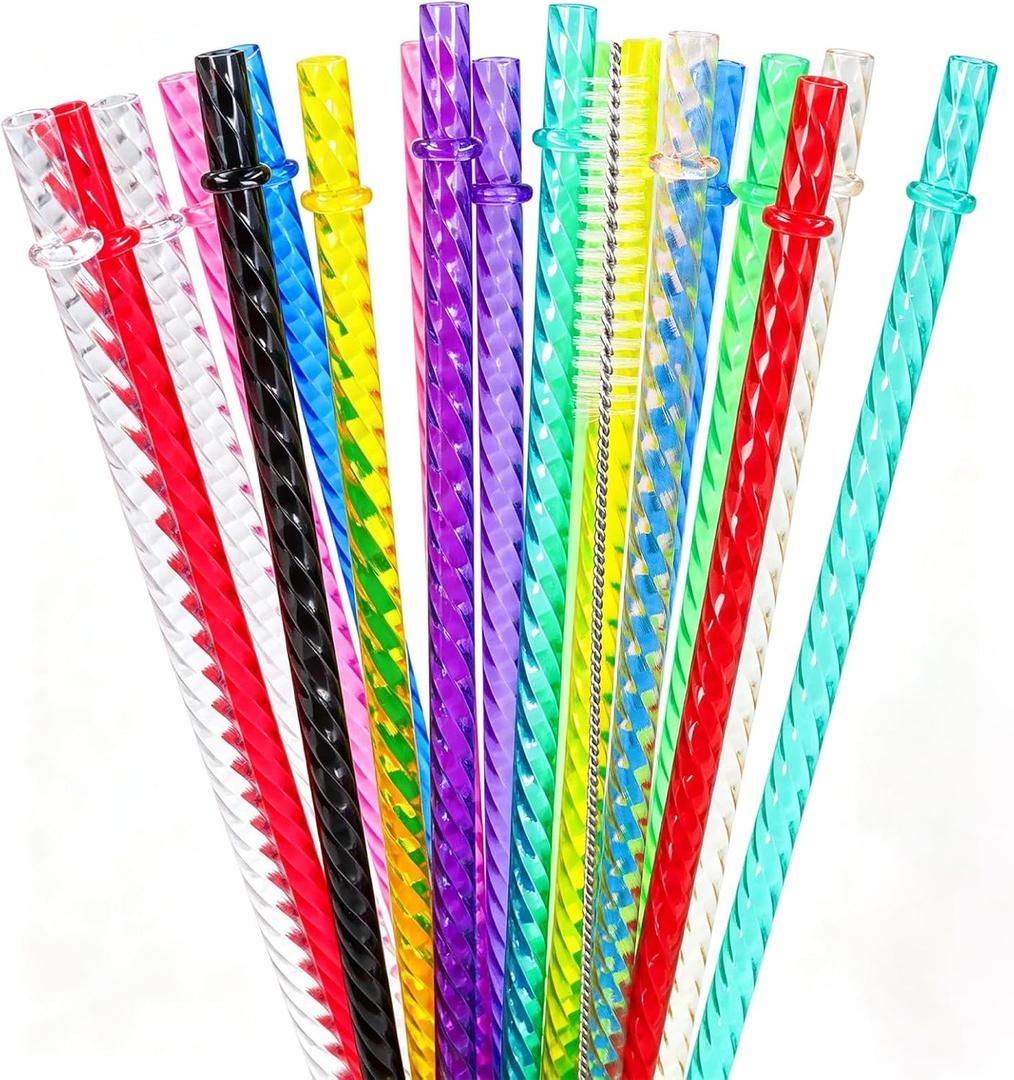 50PCS Reusable Straws with Cleaner Brush, 12.2" Long Colorful Clear Hard Plastic Swirl Drinking Straws for Stanley, YETI, Starbucks, Owala 30 oz 40 oz Tumblers, Jars, Cups