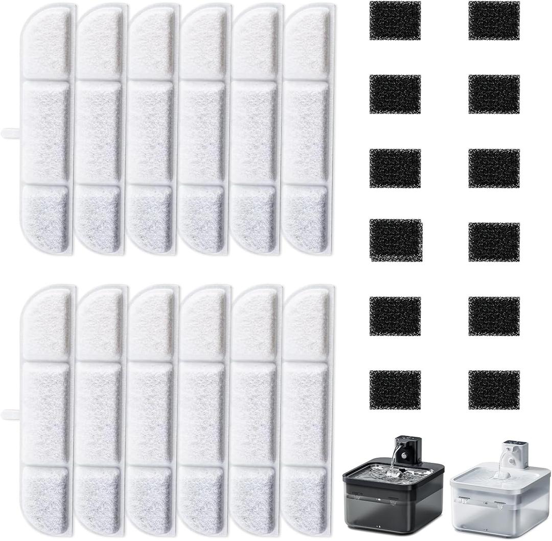 12Packs Replacement Filters Compatible with Downy Paws Cat Water Fountain - Triple Filtration Filters for DownyPaws 84oz/2.5L Wireless Pet Fountain DPWFP6 (12 Filters & 12 Sponges)