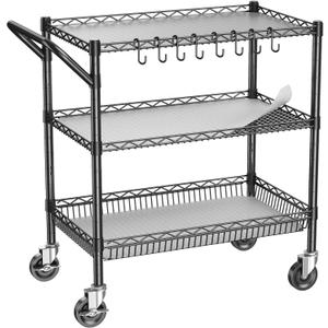 Metal Rolling Utility Carts with Wheels, 3 Tier Kitchen Carts with Storage, Steel Wire Service Cart 1050lbs with Handle, Commercial Grade Shelf Rack Trolley for Kitchen, Laundry, Grocery (Black)