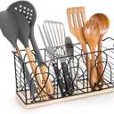 Large Rectangular Utensil Holder, Black Metal Cooking Utensil Organizer with 3 Compartment Wooden Base, Large Spatula Holder Storage for Countertop Kitchen Tool