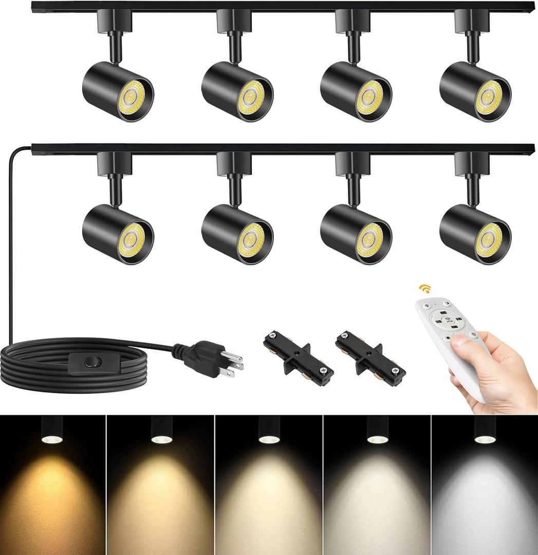 Plug in Track Lighting with Remote, 8-Light Track Light with Plug in Cord, LED Track Lighting Kit with H Track Rails, Dimmable Track Lighting Fixtures Ceiling Spotlight, Black