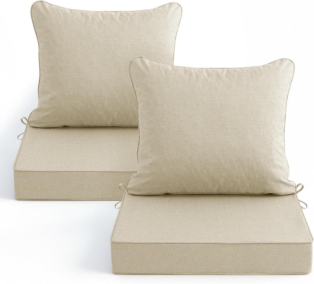 Summsun Patio Chair Cushions Set of 2, Faux Linen Outdoor Furniture Cushions, Water Resistant Backrest and Seat Cushion Set with Ties, Removable Cover, Non-Slip Bottom, 19 x 19 Inch, Beige