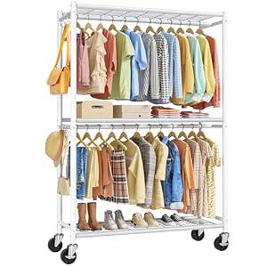 Sakugi Clothes Rack - Double Hanging Rod Clothing Rack with Wheels & Leveling Feet, Large Capacity Wardrobe Closet with Shelves for Bedroom, Laundry Room, Entryway, 45.2" x 12.6" x 80.7", White