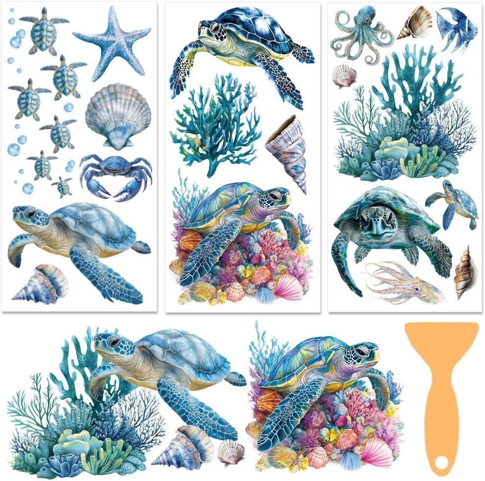 3 Sheets Sea Rub on Transfer Stickers for Furniture and Crafts Sea Turtles Wall Stickers Waterproof Transfer Decals Sticker Marine Animal Transfer Sticker for Dresser Glass Wood 6"x12"
