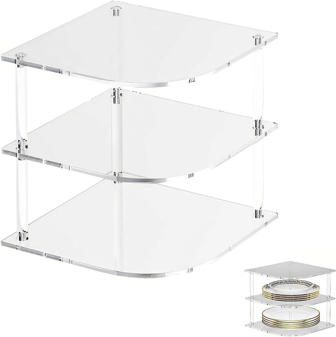 Plate Organizer for Cabinet Space Saver,3-Tier Clear Acrylic Dish Organizer for Cabinet, Sturdy Corner Storage for Plates, Bowls, Versatile for Kitchen & Bathroom