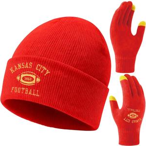Classic Vintage Football Embroidery Beanie,Fasion Hat Cuffed Winter Comes,With Warm Gloves,Gifts for Men Women Fans (Red)