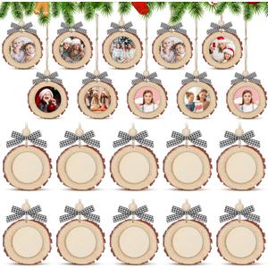 Wonderjune Round Picture Frames wooden Christmas Picture Frame Ornaments for Christmas Tree Hanging Photo Ornaments Using My Own Photos (Black and White,Bow)