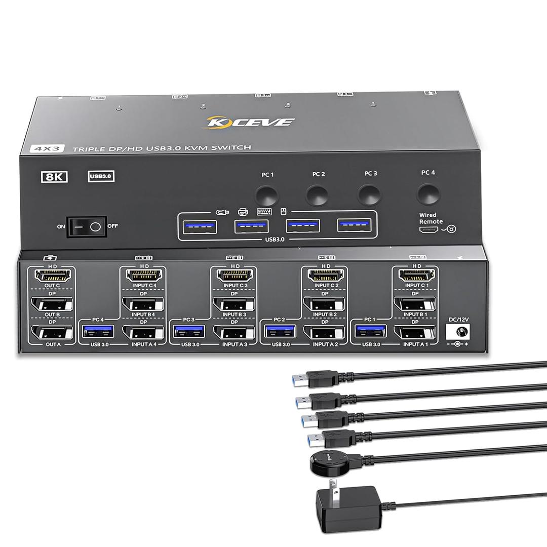 KVM Switch 3 Monitors 4 Computers HDMI + DisplayPort, KCEVE USB 3.0 DP KVM Switcher, 8K@30Hz/4k@144Hz DP KVM for 4 PC Share 3 Display and 4 USB 3.0 Devices